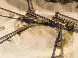 Landscape of truck and conveyor belt in the middle of sand pit. Mining Industry. Panoramic Landscape. Mining material transportation. Sand and stone mining. Drone Photography. Aerial Photography photo