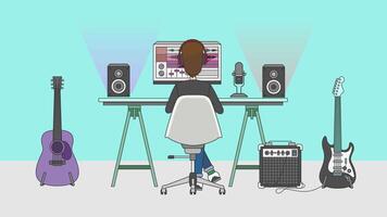 Man sitting at desk with a computer, guitar, and other musical instruments Workspace of an Audio Engineer or a Music Producer video