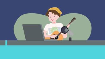 A Man playing guitar on a laptop computer Singing a Song Animation video
