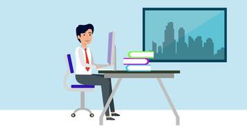Man sitting at desk with stack of books Businessman Working at Office Animation video