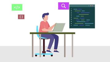 uma homem sentado às escrivaninha com computador portátil codificação programador trabalhando animação video
