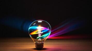 Glowing light bulb emit colored refracted light. photo