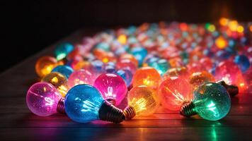 Glowing light bulbs emit colorful light sprinkles on the floor. photo