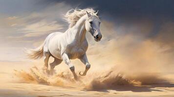 Color sketch, white horses galloping, flying dust, shutter, copy text space advertise shot. photo