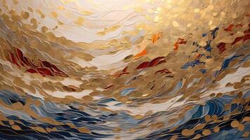 Abstract high quality background with blue red white wavy gold border and golden powder dots. photo