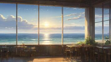 View of the dusk sunny sea from the terrace of a restaurant. photo