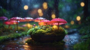 abstract drifting mushroom in the peaceful rain night with bokeh background, Selective focus. photo