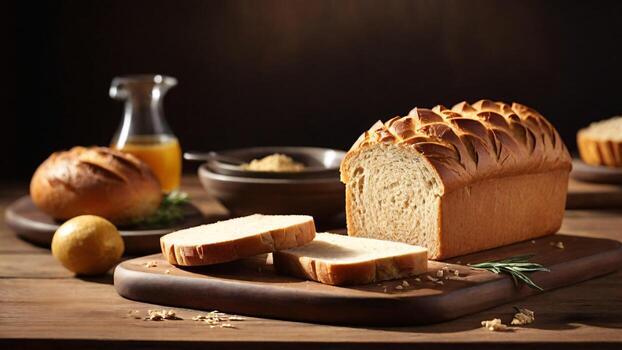 Sliced loaf of bread and ingredients for baking on wooden table. photo