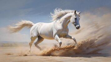 Running white horse, flying dust, on the sand, daytime. photo