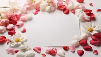 Blank card and colorful rose white chrysanthemum petals on white background, top view. photo