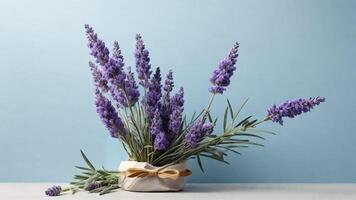 Bouquet of lavender in a burlap bag on light blue background. photo