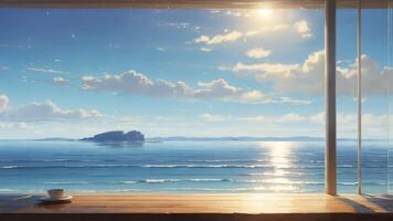 View of the sea through the window. morning Coastline, bright sunshine, summer. photo