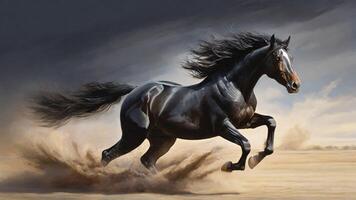 Running black horse, flying dust, on the sand, daytime. photo