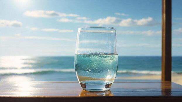 Glass of water on the table with the sea and sky background. photo