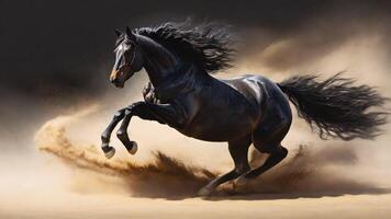 Running black horse with black background, flying dust, on the sand, high speed shutter. photo