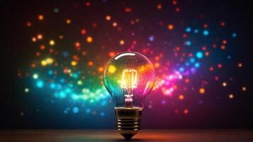 Glowing light bulb with colorful mottled light spots, creativity, imagination, infinity concept. photo