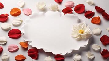 White flower shape paper card with petals on white background. Top view. photo
