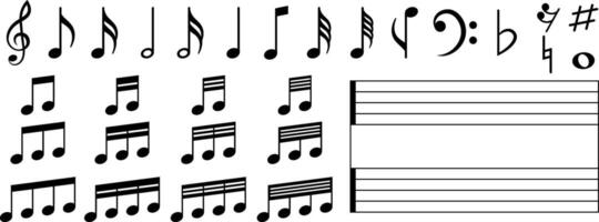 music notes with sheet template with different notes in black vector