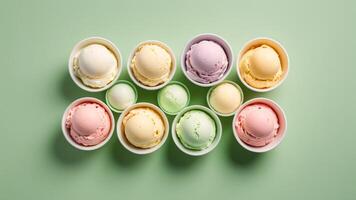 Colorful ice cream scoops in bowl on light green background. advertise shot. photo