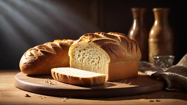 Freshly baked loaf of bread on a wooden table. Rustic style. photo