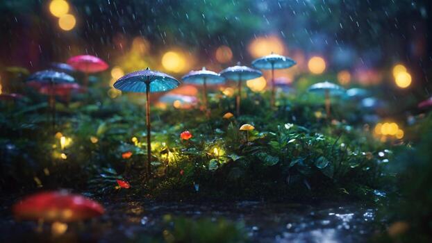 abstract mushrooms in the rain forest at night. Selective focus, bokeh light. photo