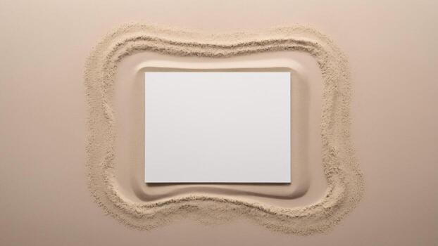 blanco blanco tarjeta en arena antecedentes. parte superior vista, plano poner. foto