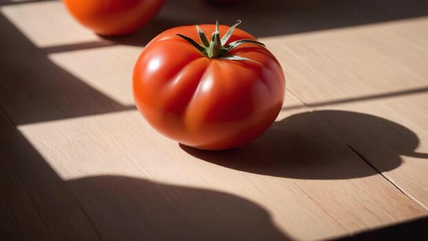 Tomato on wooden table with shadows from the window. Selective focus. afternoon. photo