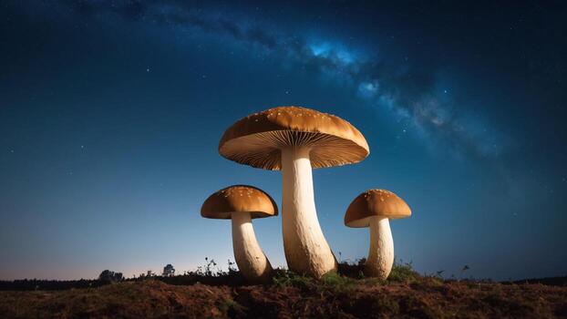 hongos en el resumen noche cielo con estrellas y lechoso forma. foto