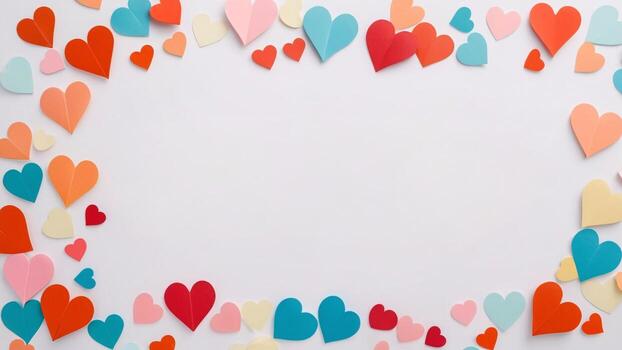 Valentine's day background with colorful paper hearts on white background, copy space, card design. photo