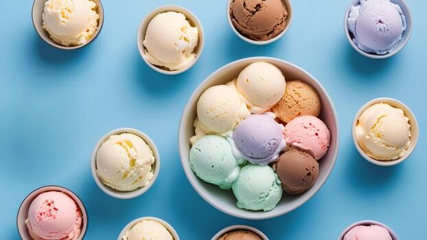 Top view of Various of ice cream flavor in bowls on light blue background. photo