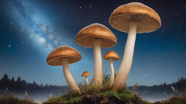 abstract fantasy mushrooms in the forest with starry milky way nebula sky. photo