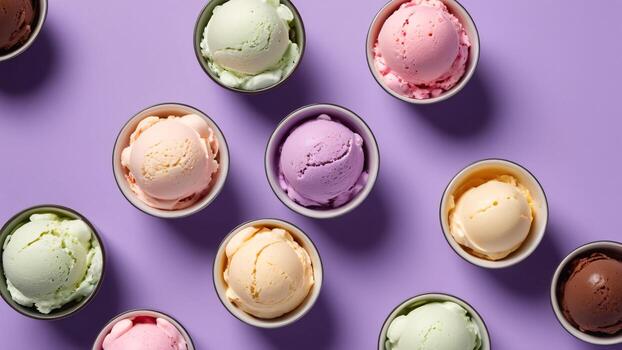 varios de hielo crema sabor en ligero púrpura fondo, parte superior vista. foto