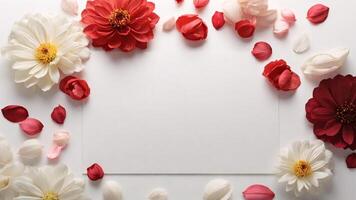 white red chrysanthemum flowers and card on white background, top view. Space for text. photo