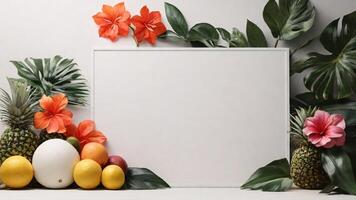 white frame mockup with tropical leaves and fruits red flowers on white background photo