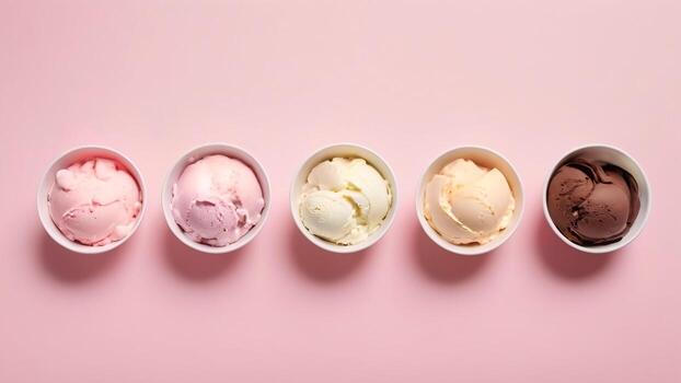 Various of ice cream flavor in bowl on pastel pink background. copy space. photo