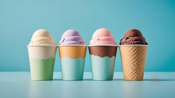 Multiple flavors ice cream in paper cup on light blue background, copy space. photo
