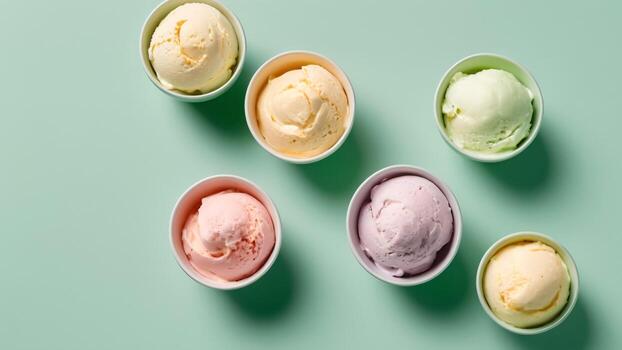 Top view of Various of ice cream flavor in bowls on light green background. photo