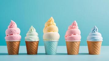 Colorful ice creams in waffle cone cups on light blue background, copy space. photo