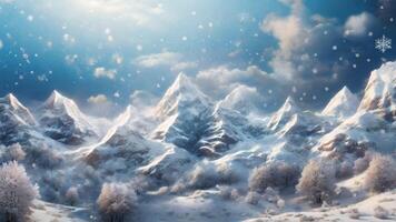 Winter snow scene, snow covered mountains and trees, falling snowflakes. photo
