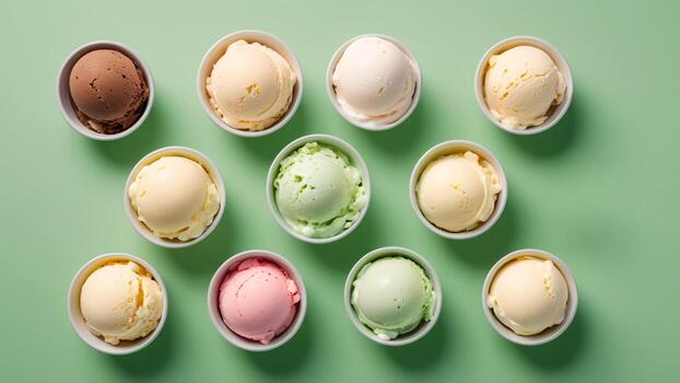 Top view of Various of ice cream flavor in bowls on light green background. Three rows. photo