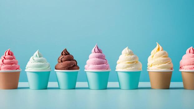 múltiple sabores hielo crema en papel taza en ligero azul fondo, Copiar espacio. foto