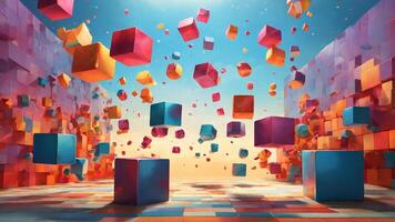Abstract 3d rendering of colorful cubes flying in the air. Futuristic background design. photo