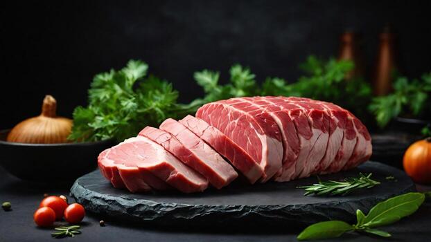 Sliced raw pork meat with herbs and spices on Black slate board background. selective focus. photo