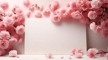 Blank card with pink sakura flowers on white background, space for text. photo
