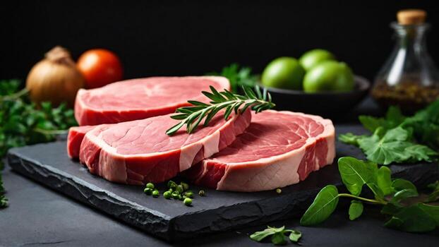 rebanado crudo carne de vaca filete con hierbas y especias en negro pizarra tablero. selectivo enfocar. foto