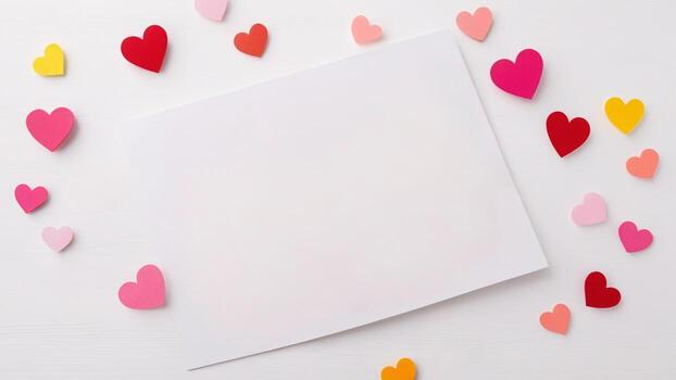 Valentine's day background with hearts on white wooden background. copy space, card design. photo