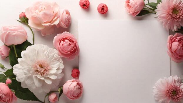 pink flowers and blank card on white background, top view. Space for text. valentine photo