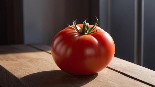Tomato on a wooden table in front of a gray wall. Afternoon sun shadow. photo