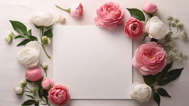 hermosa rosas y blanco tarjeta en blanco papel fondo, parte superior ver foto