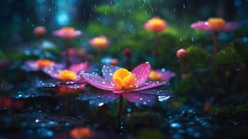 abstract pink lotus flowers in the rain at night. Selective focus. photo